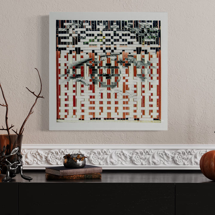 The artwork 'Vermillion Moments' by Kiana Honarmand features an abstract geometric composition with vertical rectangular patterns in black, red, and white. Hand-cut and woven giclee prints create a pixelated effect, transitioning from dense black patterns at the top to vibrant vermillion stripes below, set against a crisp white background, measuring 18x18 inches.