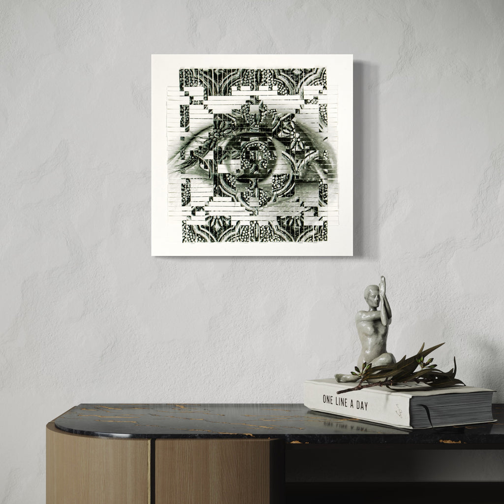 The artwork 'Window' by Kiana Honarmand features an intricate black and white geometric pattern centered around a circular mandala-like design. Hand-cut and woven giclee prints create a mesmerizing kaleidoscopic effect with symmetrical motifs, ornate details, and repetitive patterns radiating from the center, forming a striking monochromatic wall art piece measuring 16x16 inches.