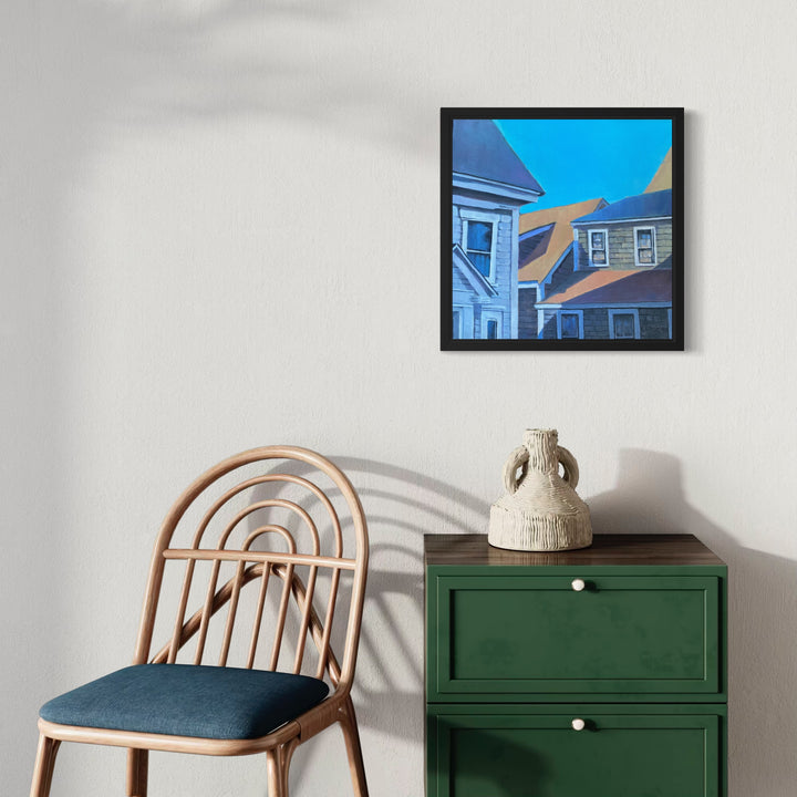 The artwork, Summer Rooftops, by Kristin Stashenko, displayed in a room.