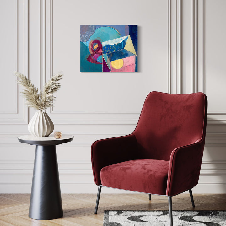 The artwork, Out of the Box: Sun, by Jane Dell, displayed in a room.