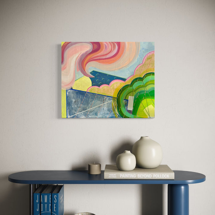 The artwork, Out of the Box: Escape, by Jane Dell, displayed in a room.
