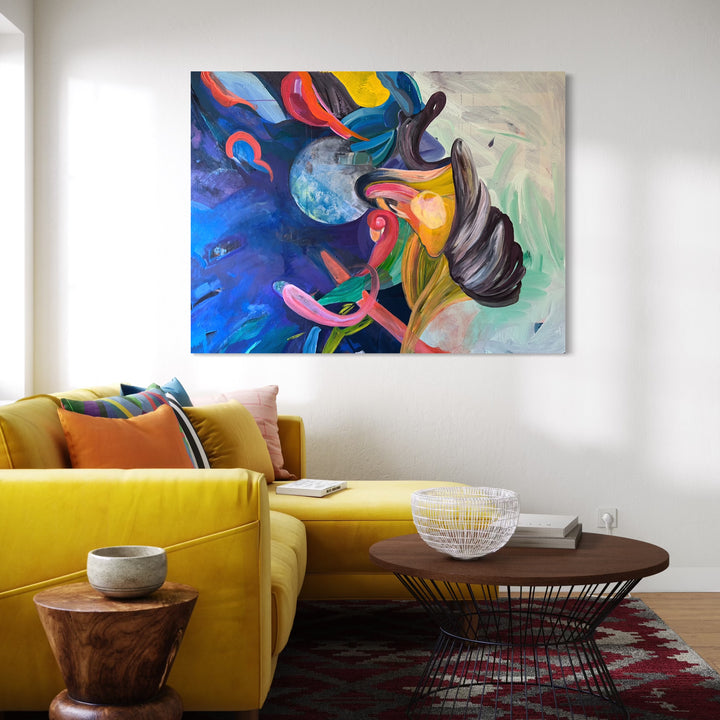The artwork, One Moon, by Jane Dell, displayed in a room.
