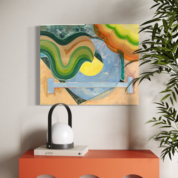 The artwork, Out of the Box: Rainbow, by Jane Dell, displayed in a room.