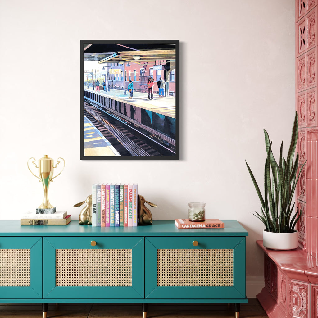 The artwork, Waiting for the M Train, by Kristin Stashenko, displayed in a room.