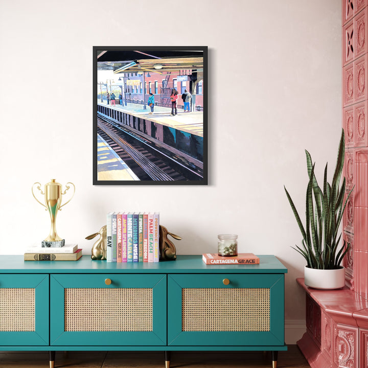 The artwork, Waiting for the M Train, by Kristin Stashenko, displayed in a room.