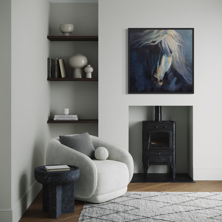 The artwork, White Stallion, by Kristin Stashenko, displayed in a room.