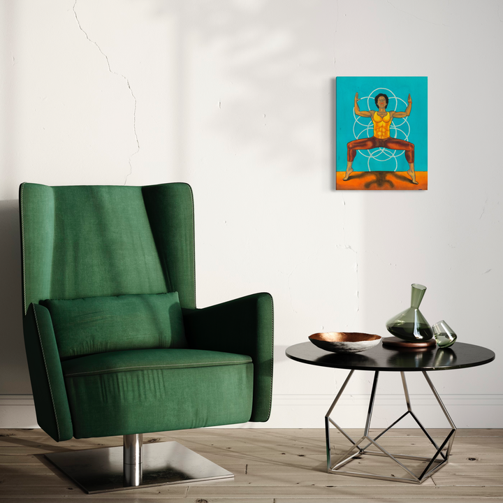 The artwork 'Goddess Utkata Konasana' by Damon Powell features a vibrant watercolor figure in a deep squat yoga pose against a turquoise background. The composition shows bold orange and yellow hues, with geometric elements surrounding the central figure, creating a modern spiritual aesthetic in this 20x16 inch watercolor painting.