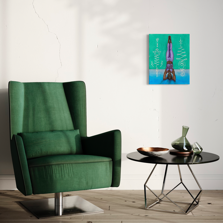 The artwork 'Headstand Salamba Sirasana' by Damon Powell features a stylized figure in a yoga headstand pose against a vibrant turquoise background. The watercolor painting showcases flowing geometric patterns and spiritual symbols, rendered in a contemporary style. The 20x16 inch composition balances energy and serenity through its dynamic pose and calming color palette.