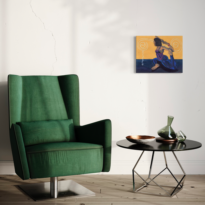 The artwork 'Mermaid Pose Eka Pada Rajakapotasana' by Damon Powell features a graceful watercolor silhouette in deep blue against a warm golden background, depicting a fluid yoga pose with spiral motifs. The 16x20 inch painting captures movement and flexibility in an elegant minimalist style. Art by Damon Powell.