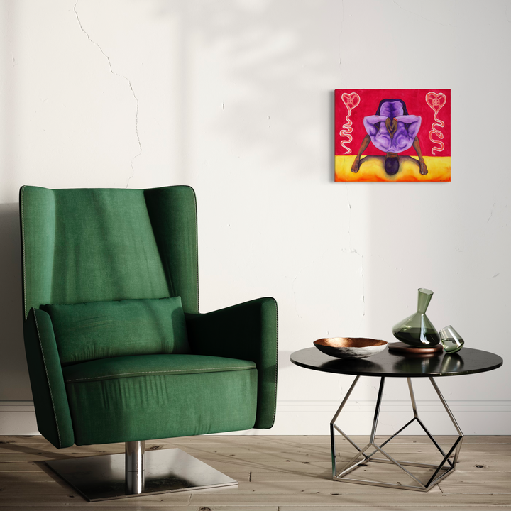 Wide-Legged Forward Fold Prasarita Padottonasana by Damon Powell: Vibrant watercolor artwork featuring abstract figure in purple against a bright red background with yellow accents. Heart motifs and curved lines frame the central form, displayed above modern green armchair and round side table in contemporary room setting.