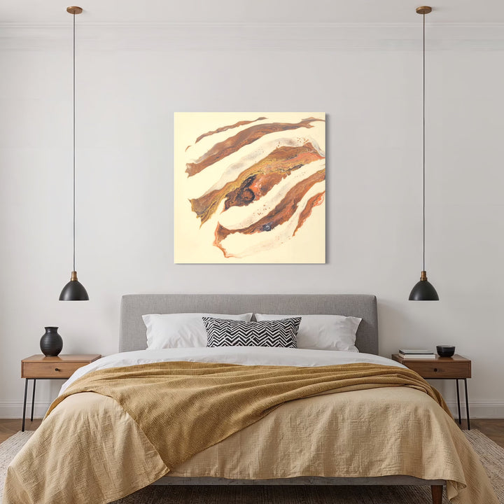 A Day at the Beach-Seawood by Swann Freslon features a layered abstract composition with flowing streaks of warm browns, creamy beige, and subtle hints of gold, evoking natural textures and a serene coastal mood through its dynamic yet harmonious arrangement of earthy tones and organic forms.
