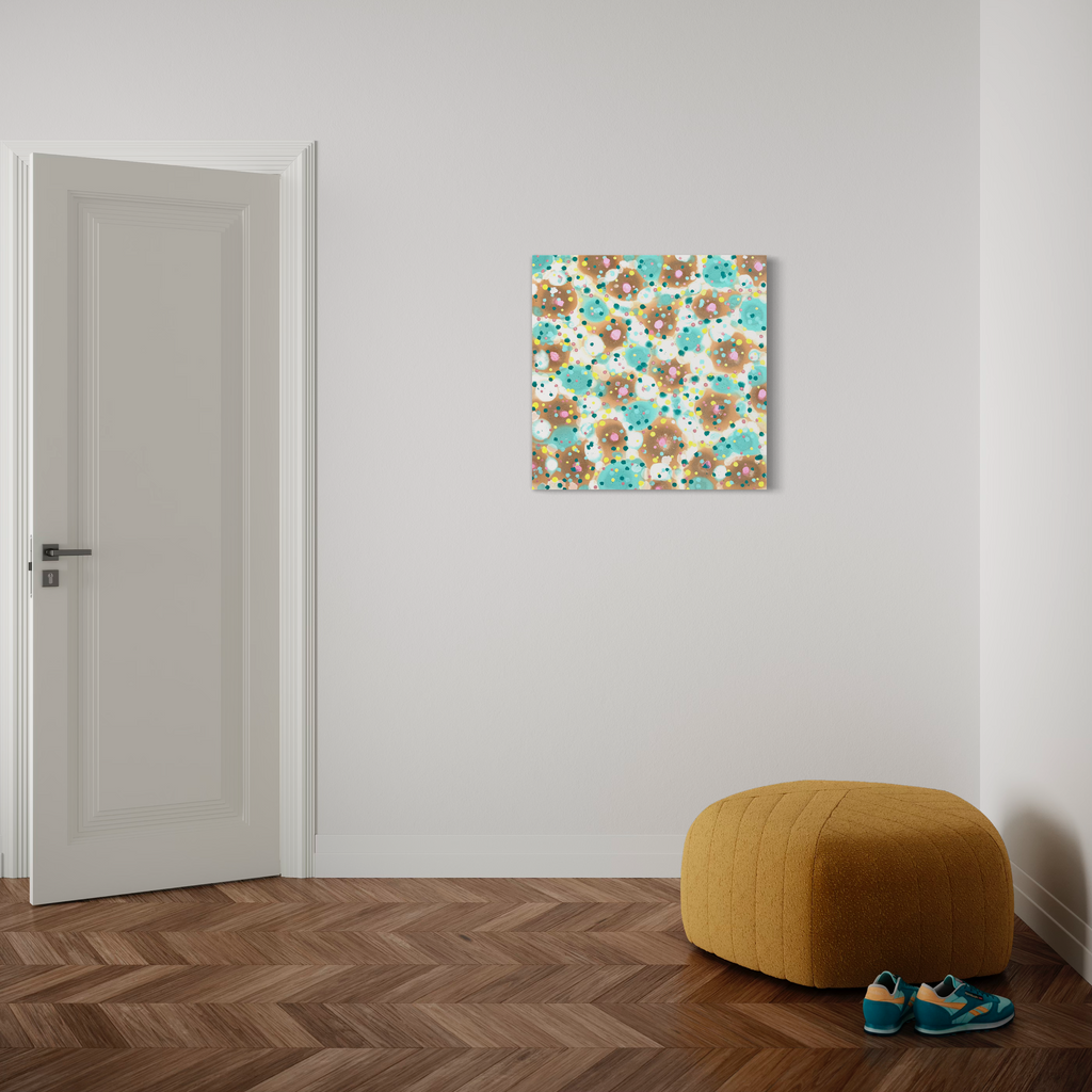 The artwork 'Cosmic Confectionery' by Eric Jiaju Lee features a vibrant abstract pattern of scattered dots and organic shapes in turquoise, brown, and white. The playful composition creates a whimsical, candy-like pattern across the 30x30 inch acrylic canvas, suggesting a cosmic scattered effect that balances warm and cool tones in a modern, dynamic arrangement.