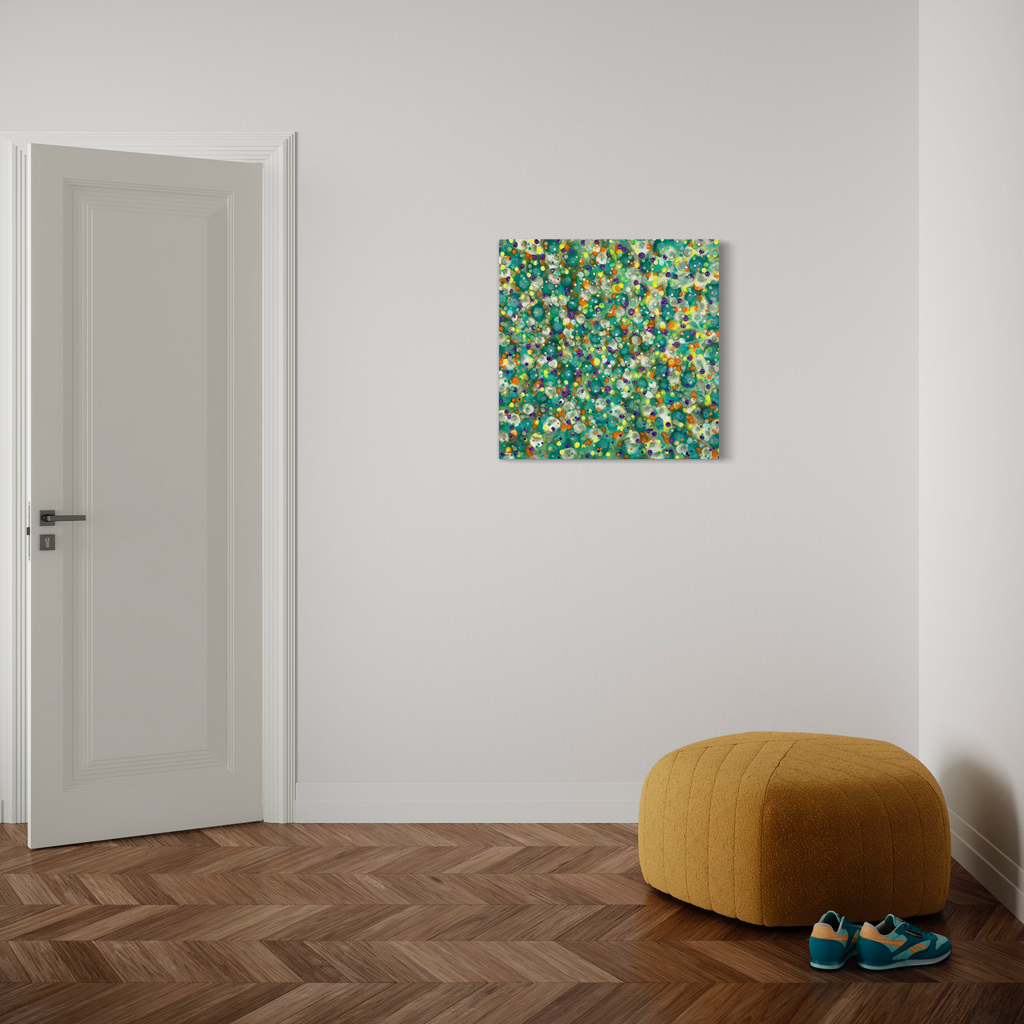 The artwork 'Dans le Jardin' by Eric Jiaju Lee features a vibrant abstract composition of scattered circular forms in emerald green, turquoise, and yellow tones. The painting creates a dynamic pattern reminiscent of floating water lilies or garden flowers, with white highlights and purple accents scattered throughout the 30x30 inch acrylic canvas.