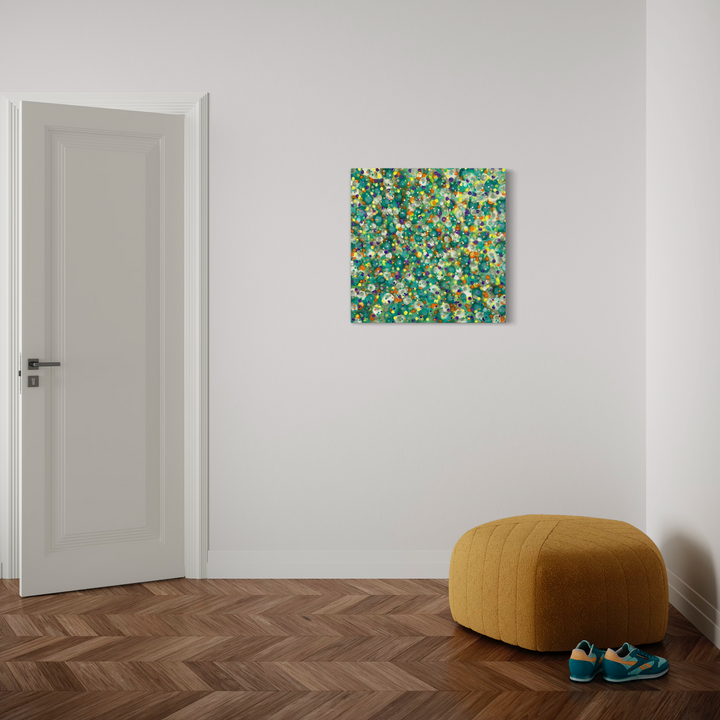 The artwork 'Dans le Jardin' by Eric Jiaju Lee features an abstract garden-inspired composition with vibrant dots and splashes in emerald green, sunny yellow, and turquoise blue. The 30x30 inch acrylic on canvas creates a pointillist effect, suggesting flowers and foliage in a lively, modern interpretation of a garden landscape - by Eric Jiaju Lee.