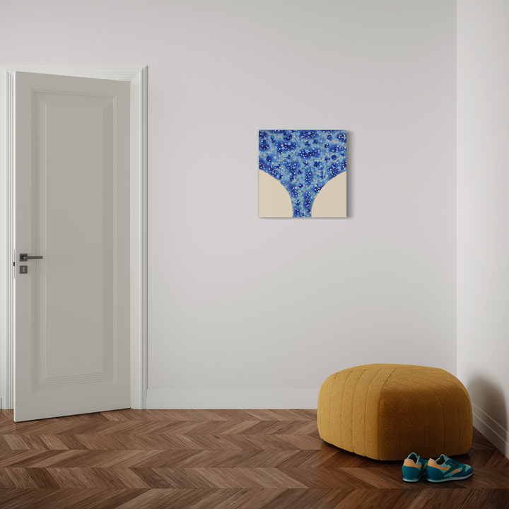 The artwork 'Delta Blue' by Eric Jiaju Lee features a striking composition of vibrant blue abstract patterns against a cream-colored canvas. The piece showcases textural brushwork in various shades of blue, creating a dynamic flow pattern that curves against two cream-colored corners, suggesting a delta formation. 24x24 inch acrylic painting on canvas by Eric Jiaju Lee.