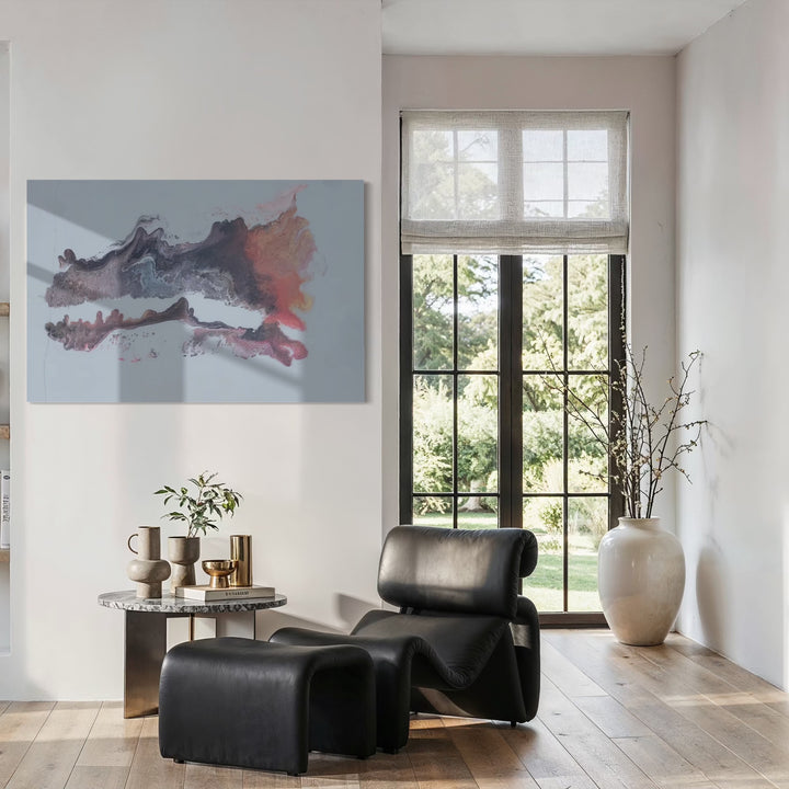 Echoes in the Mist by Swann Freslon showcases a fluid abstract composition with blended hues of soft gray, muted lavender, and warm peach tones. The artwork evokes a quiet, atmospheric quality reminiscent of misty landscapes, offering a soothing balance of gentle motion and subtle texture in a refined, contemporary style.