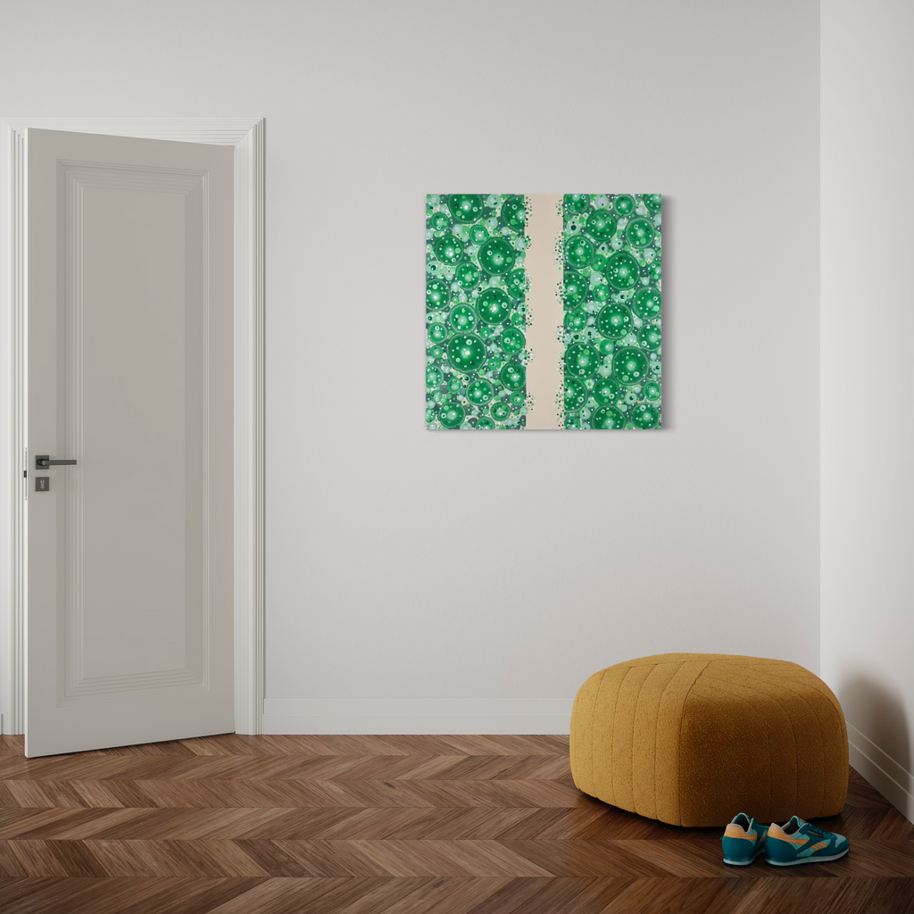 The artwork 'Generative Capacity' by Eric Jiaju Lee features two vertical panels with vibrant emerald green abstract patterns, creating a dynamic diptych composition on canvas. The textured surface suggests organic, cellular-like formations in varying shades of green, separated by a clean vertical divide. 36x36 inches acrylic painting exhibited on white wall.