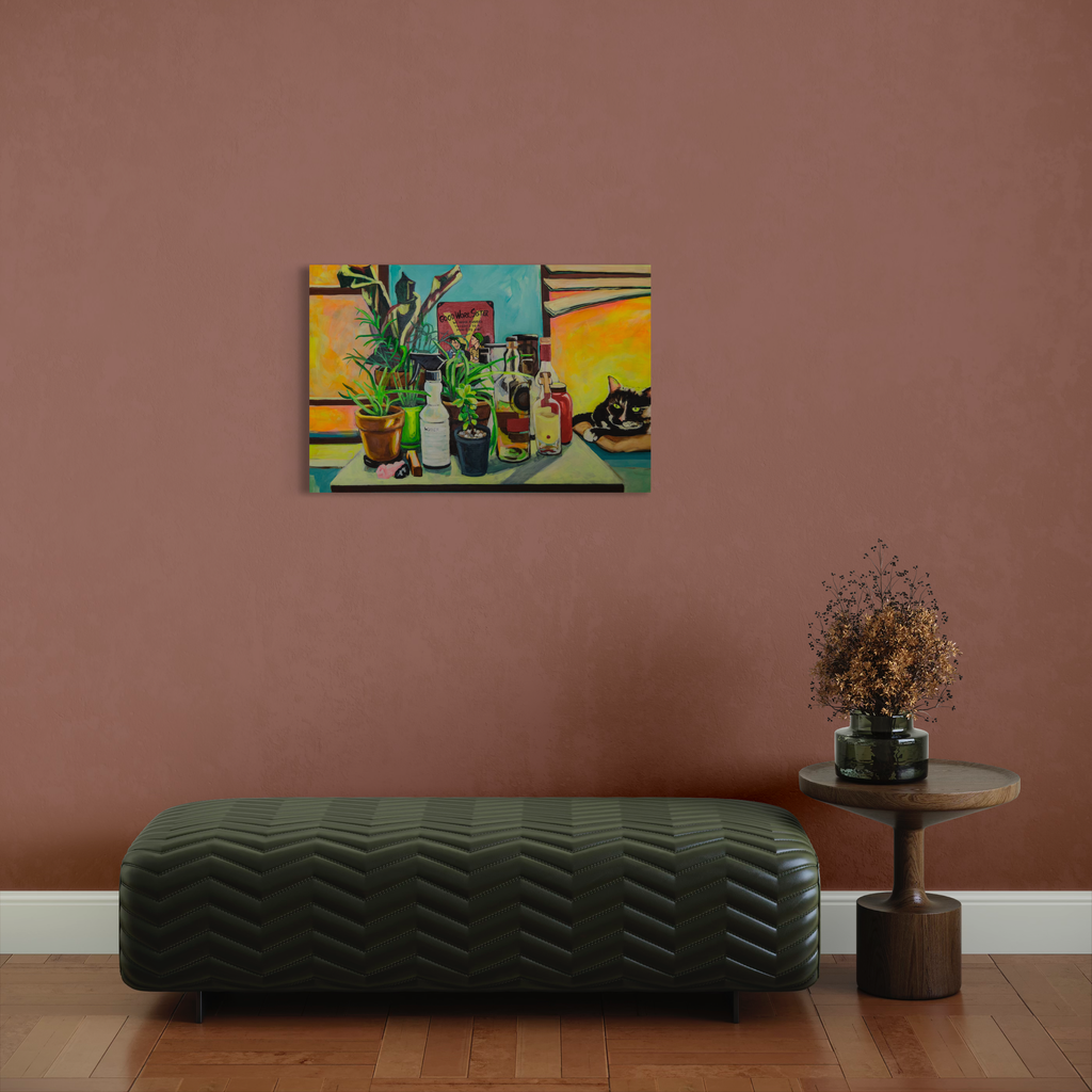 The artwork 'Good Work, Sister' by Mary Younkin features a vibrant still life composition with potted plants and vases against a turquoise and yellow background. The acrylic painting on wood panel showcases bold colors and expressive brushwork, creating a modern interpretation of indoor botanicals. A rounded Ottoman in dark quilted fabric sits beneath the artwork. By Mary Younkin.