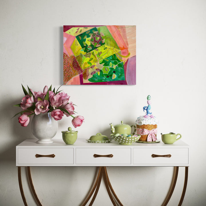 The artwork, Out of the Green Box, by Jane Dell, displayed in a room.