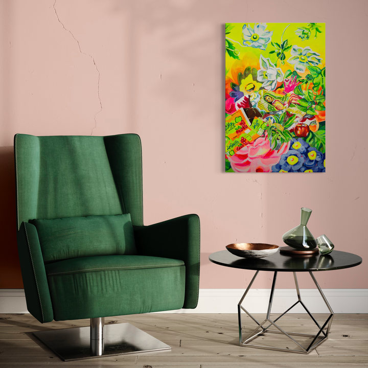 The artwork 'Her Earthly Delights' features a vibrant floral composition with bold pink roses, yellow daffodils, white daisies, and blue morning glories against a sunny yellow background. The acrylic painting on wood panel showcases dynamic brushstrokes and expressive botanical forms in a contemporary style. By Mary Younkin