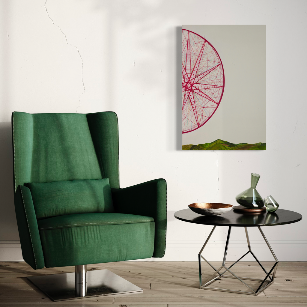 The artwork 'Rolling Around' by Sandra Mack-Valencia features a striking geometric composition with a large pink circular pattern resembling a compass rose or starburst, detailed with intricate linear crosshatching. The design hovers above an undulating green landscape, creating a bold contrast against a pale neutral background. Acrylic on wood panel by Sandra Mack-Valencia.