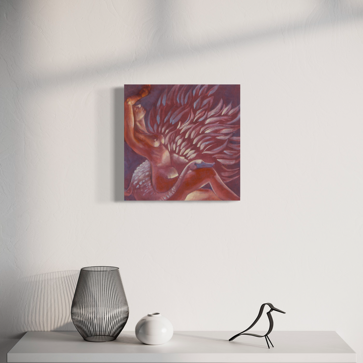 The artwork 'Leda and the Swan' by JaeMe Bereal features dynamic brushstrokes in rich burgundy and pink tones. Abstract feathered forms sweep across the canvas, creating a mystical atmosphere. The lithograph showcases fluid motion and ethereal textures against a deep purple background, mounted as a high-quality canvas print.