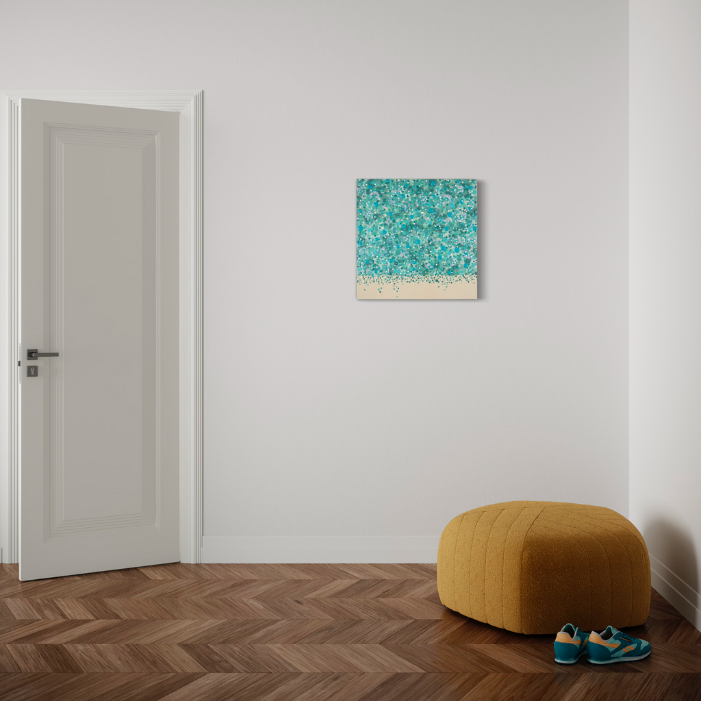 The artwork 'Listen Deeply' by Eric Jiaju Lee features a vibrant abstract composition with a stunning turquoise blue expanse dotted with intricate patterns, reminiscent of ocean waves or scattered petals, floating above a serene cream-colored base. The 24x24 inch acrylic on canvas creates a mesmerizing effect through its textural details and color contrast.