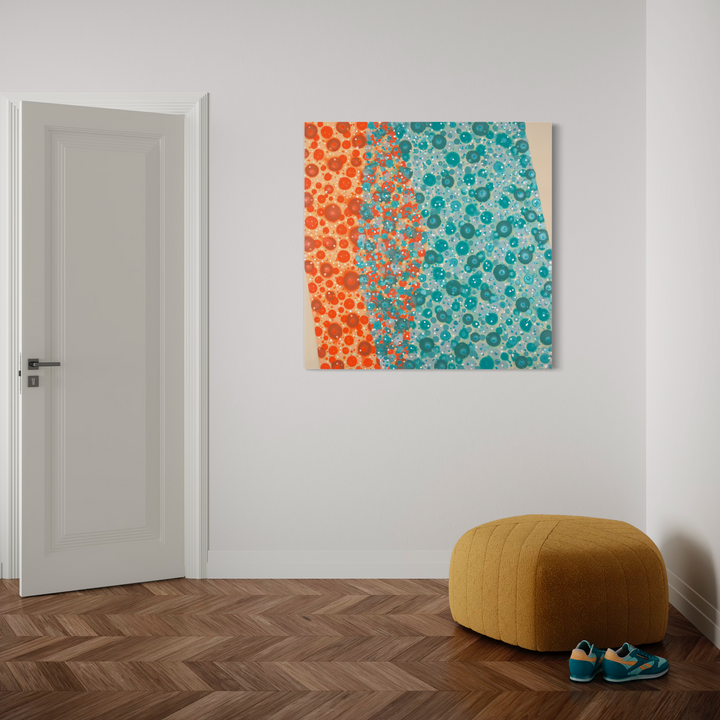 The artwork 'Pas de Deux' by Eric Jiaju Lee features a vibrant abstract composition of circular patterns in contrasting orange and turquoise colors. The organic bubble-like shapes flow across the canvas, merging in the center where the colors blend and transition. The 48x48 inch acrylic painting creates a dynamic visual balance between warm and cool tones on a light background. By Eric Jiaju Lee.