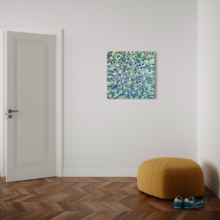 The artwork 'Rising to the Top' by Eric Jiaju Lee features a mesmerizing abstract composition of green and blue circular dots scattered across a canvas, creating a dynamic mosaic pattern. The 30x30 inch acrylic painting displays a harmonious blend of cool tones with scattered white highlights, suggesting movement and depth through its pointillist-inspired technique by Eric Jiaju Lee.