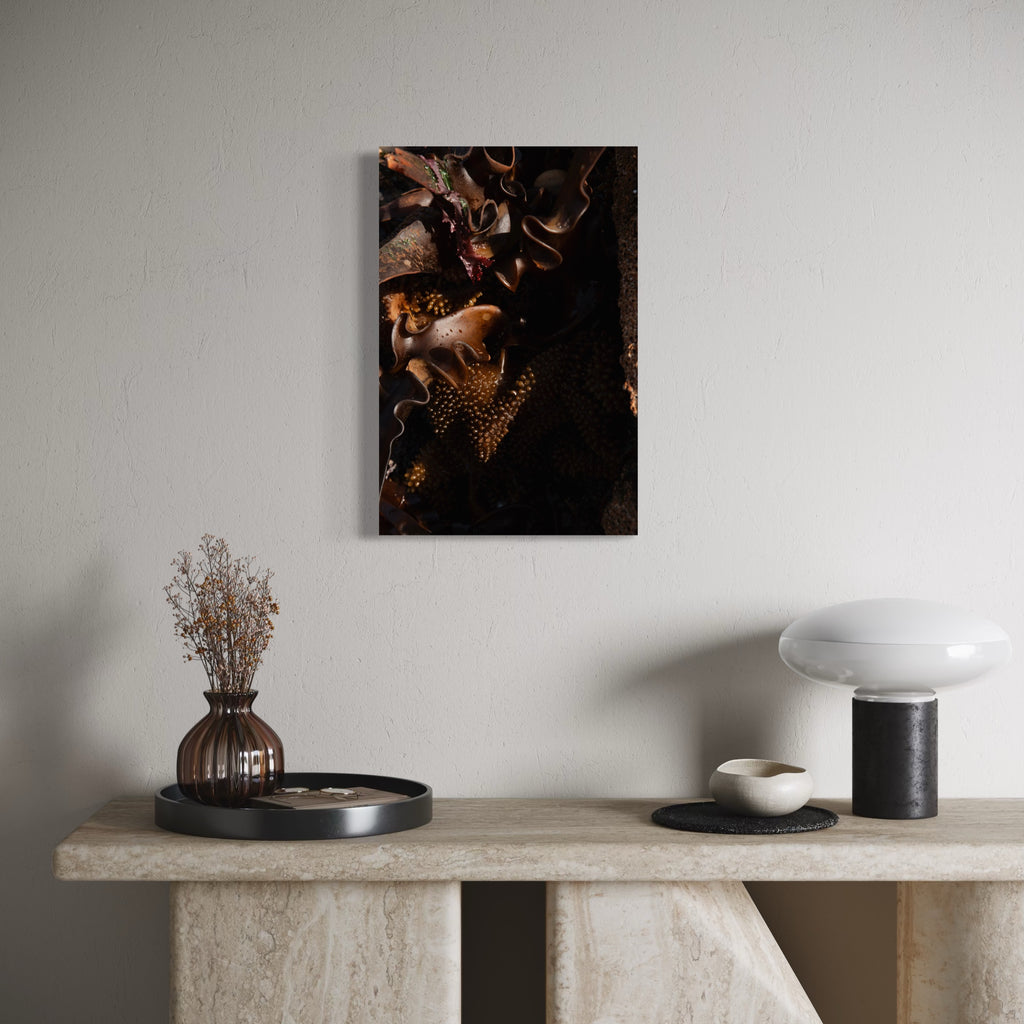080A5838 by Eunice Pais features a dark, moody composition with layered organic shapes and textured forms that create depth and intrigue. Mounted above a natural stone console adorned with minimalist ceramics and a dried floral arrangement, the artwork enriches the calm, sophisticated ambiance of the serene, modern interior.