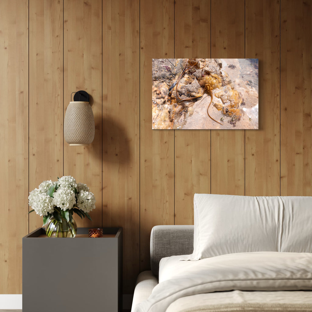 080A6037 by Eunice Pais explores intricate natural details with warm, earthy colors and organic textures. Mounted on a rich wooden wall above a modern bedside setup featuring soft white linens and a vase of delicate white flowers, the artwork contributes a serene and grounded atmosphere to the inviting, minimalist bedroom space.