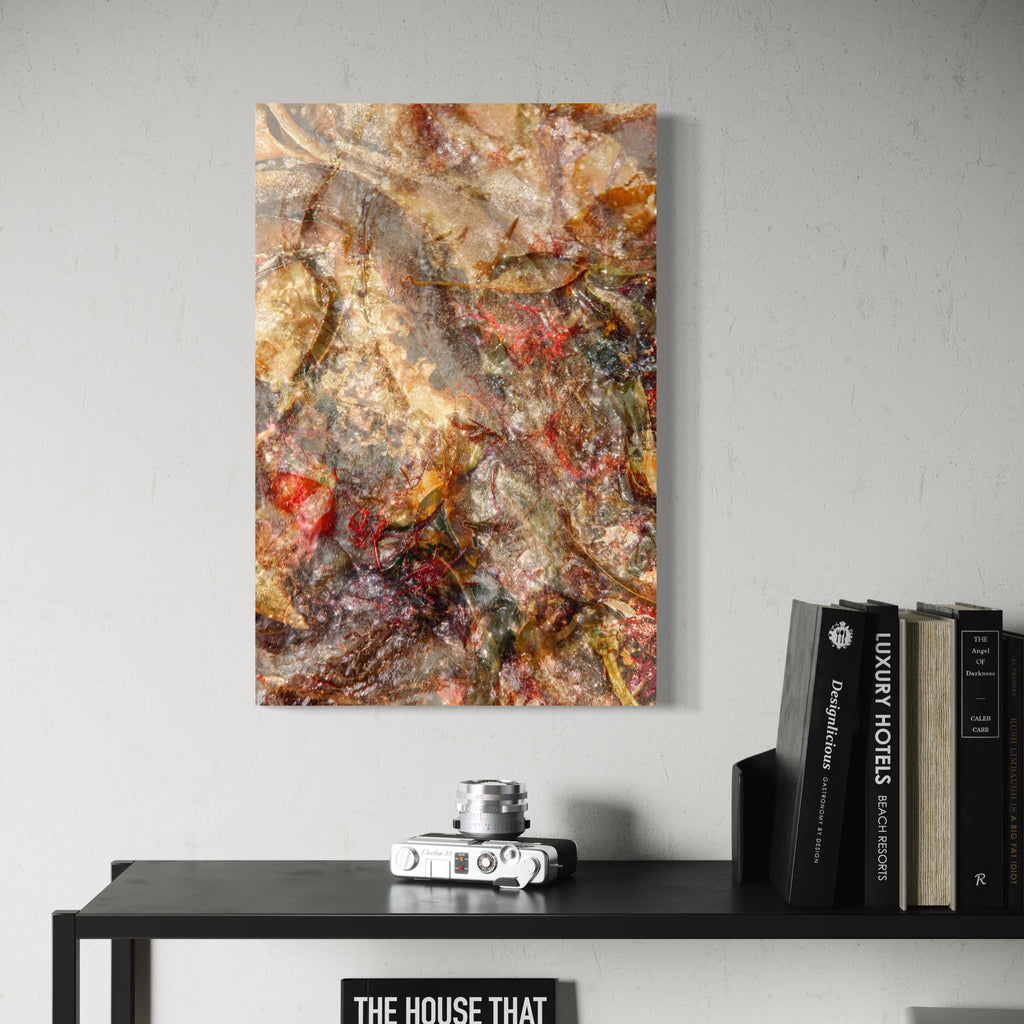 080A6119 by Eunice Pais reveals a detailed interplay of organic textures and warm, autumnal hues, blending soft earth tones with subtle highlights. Positioned above a sleek black console with a vintage camera and a curated selection of books, the artwork introduces a rich, tactile element that enhances the refined, contemporary interior space.