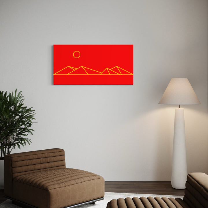 3D by Harold Herb presents a minimalist geometric landscape in bright yellow lines against a vivid red background. Mounted on a clean white wall in a modern living space, the artwork adds a bold splash of color and striking linear contrast, enhancing the room’s contemporary and inviting atmosphere.