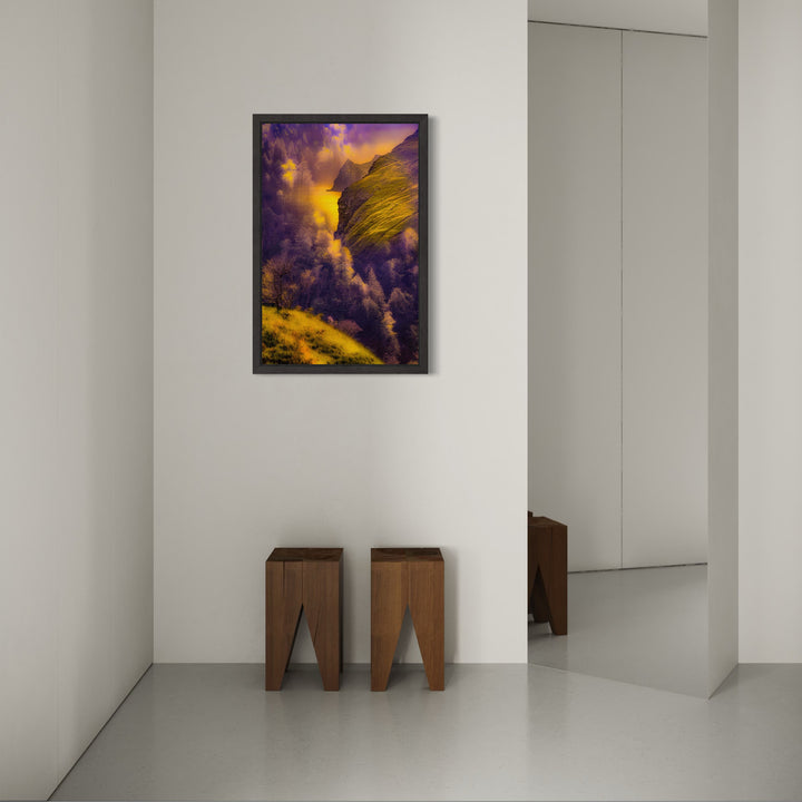 Stand #5 by Gordon Saperia features a vibrant landscape with glowing golden light illuminating a mountain ridge above a dense forest, blending rich purples and yellows to create a striking, atmospheric art piece within the Curina collection.