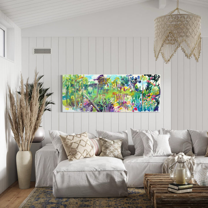 A photo of the artwork 624 (Setauket garden), by Maureen Shea, hanging on a wall.