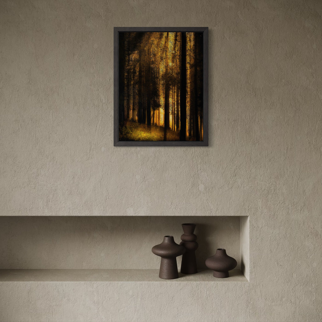 Stand #6 by Gordon Saperia captures a golden forest scene with tall trees casting elongated shadows, where warm light filters through dense foliage, creating an intimate and contemplative mood in this Curina art piece.