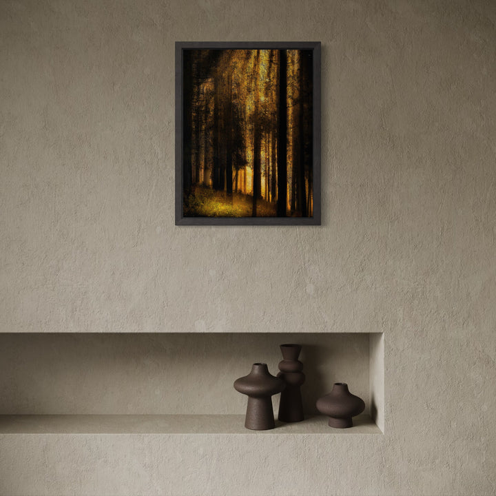 Stand #6 by Gordon Saperia captures a golden forest scene with tall trees casting elongated shadows, where warm light filters through dense foliage, creating an intimate and contemplative mood in this Curina art piece.