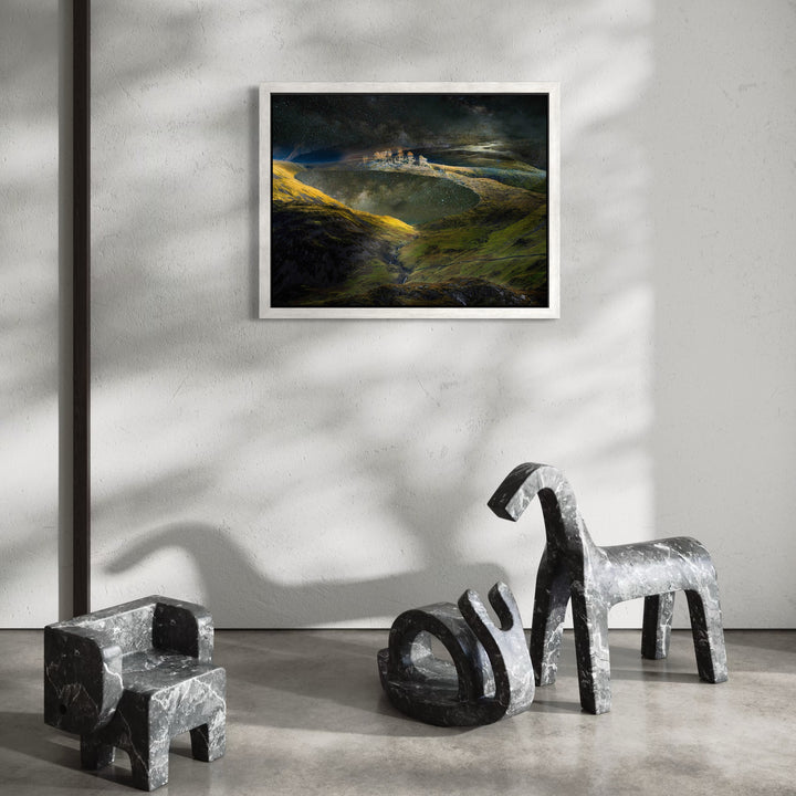 Stand #8 by Gordon Saperia showcases a moody landscape with rolling hills illuminated by patches of golden light, a winding reflective river, and a distant village under a dramatic sky, blending atmospheric depth and subtle natural beauty in Curina art style.