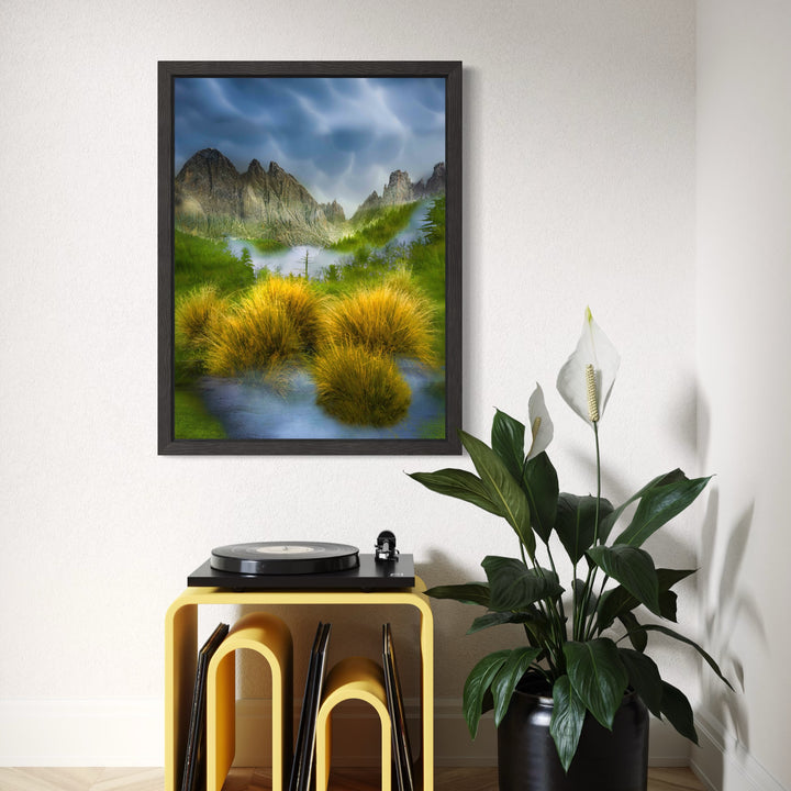 Stand #9 by Gordon Saperia features a surreal mountain landscape with jagged peaks under a swirling sky, vivid green hills, and clusters of glowing golden grasses beside a reflective stream, blending ethereal natural beauty with a dreamlike atmosphere in Curina art style.