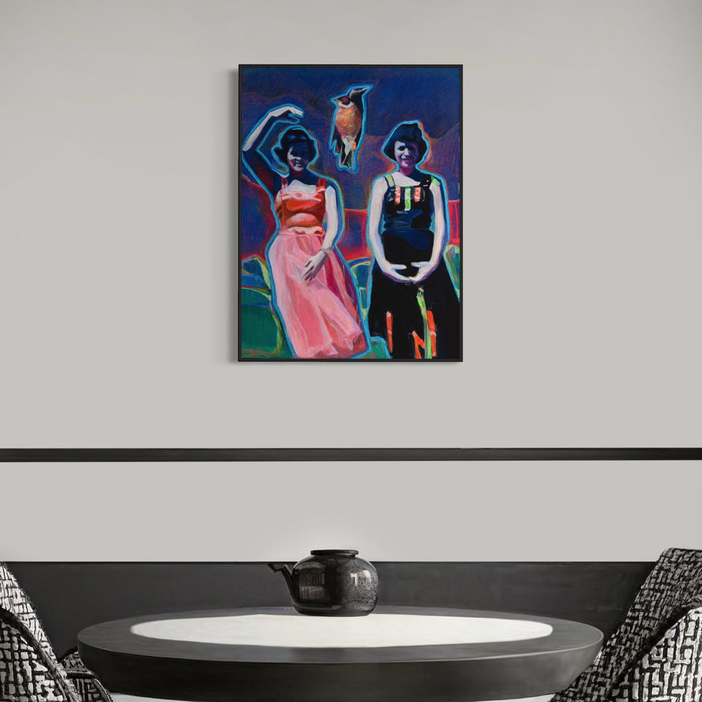 The artwork, ARCHIVAL MEMORY 11- TWINS FROM THE FIELD, by Griffin Cordell, displayed in a room.