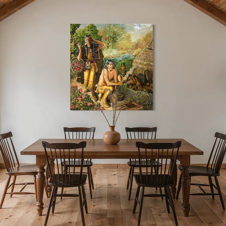 The artwork, A Rose Harvest (Native American Woodland tribes, ca. 1690), by David Bunn Martine, displayed in a room.