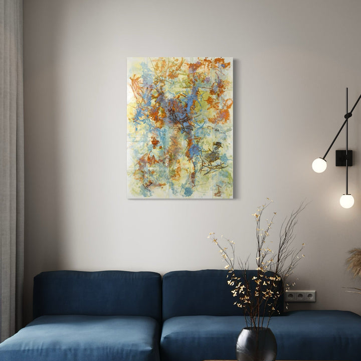 The artwork 'A Whisper Can Be as Loud as a Scream' by Lisa Petker Mintz features an abstract expressionist composition with ethereal blends of soft blues, golden yellows, and rust orange hues. The acrylic painting showcases dynamic brushstrokes creating a dreamy, atmospheric effect with splashes and organic forms floating across the canvas. The 40x30 inch piece displays multiple layers of translucent colors merging and overlapping naturally. By L