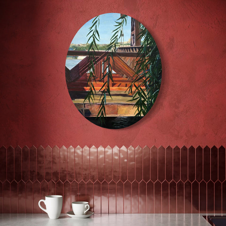 The artwork, Abandoned Pier with Willows, Riverside Park South, by Jessica Ziegler, displayed in a room.