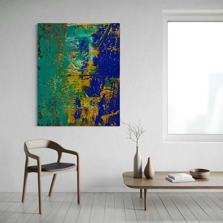 The artwork, Abstract Blue Cheer 1, by Harry Moody, displayed in a room.