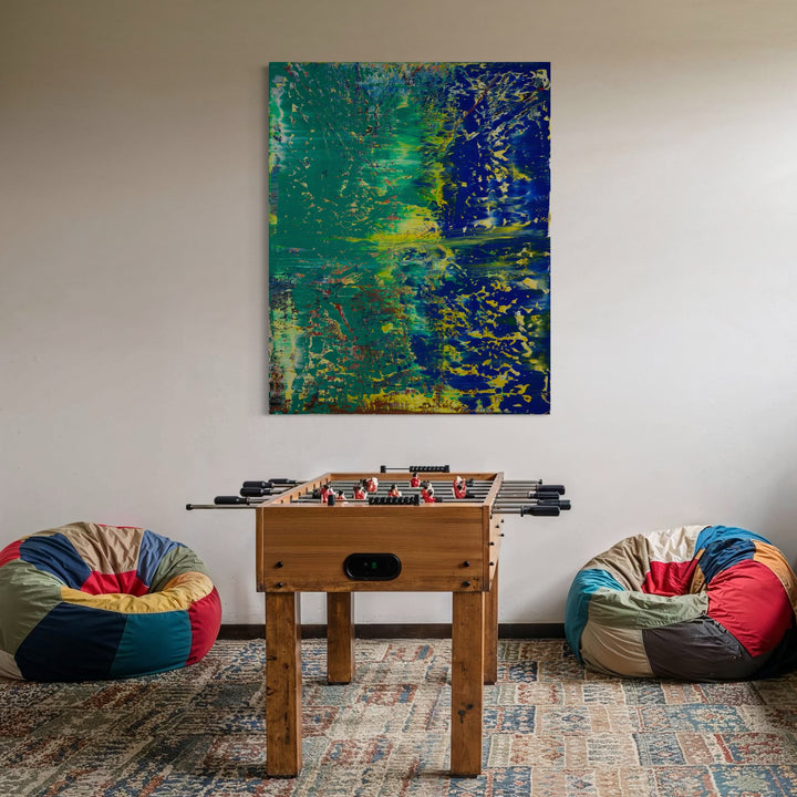 The artwork, Abstract Blue Cheer 3, by Harry Moody, displayed in a room.
