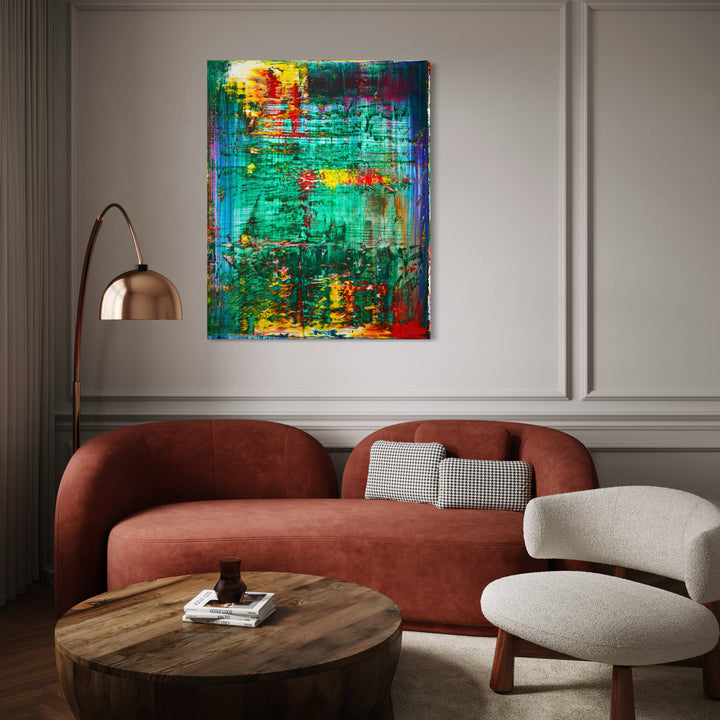 The artwork, Abstract Green 1, by Harry Moody, displayed in a room.