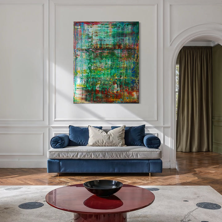 The artwork, Abstract Green 2, by Harry Moody, displayed in a room.