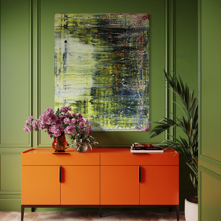 The artwork, Abstract Grey Green 2, by Harry Moody, displayed in a room.