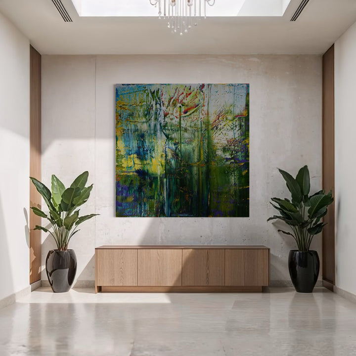 The artwork, Abstract over painted 1, by Harry Moody, displayed in a room.