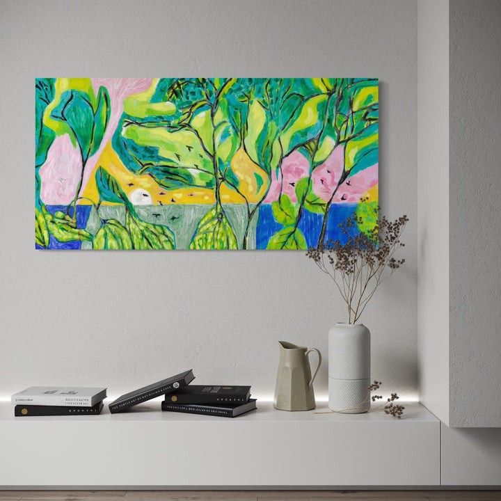 The artwork, Along the Path, by Lisa Warren, displayed in a room.